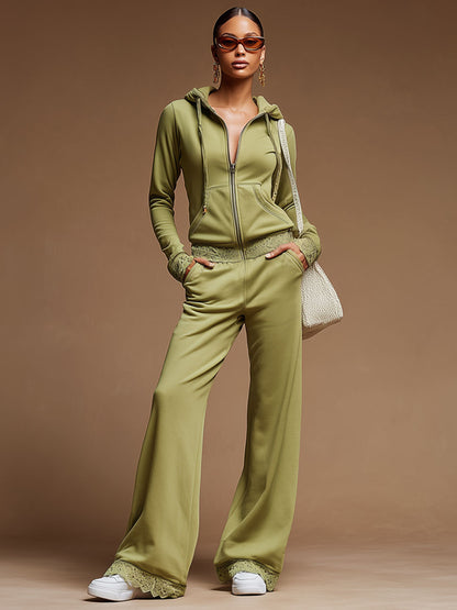 Sporty Retro Lace Green Cotton Blend Hooded Sweatshirt And Straight Leg Pants Set