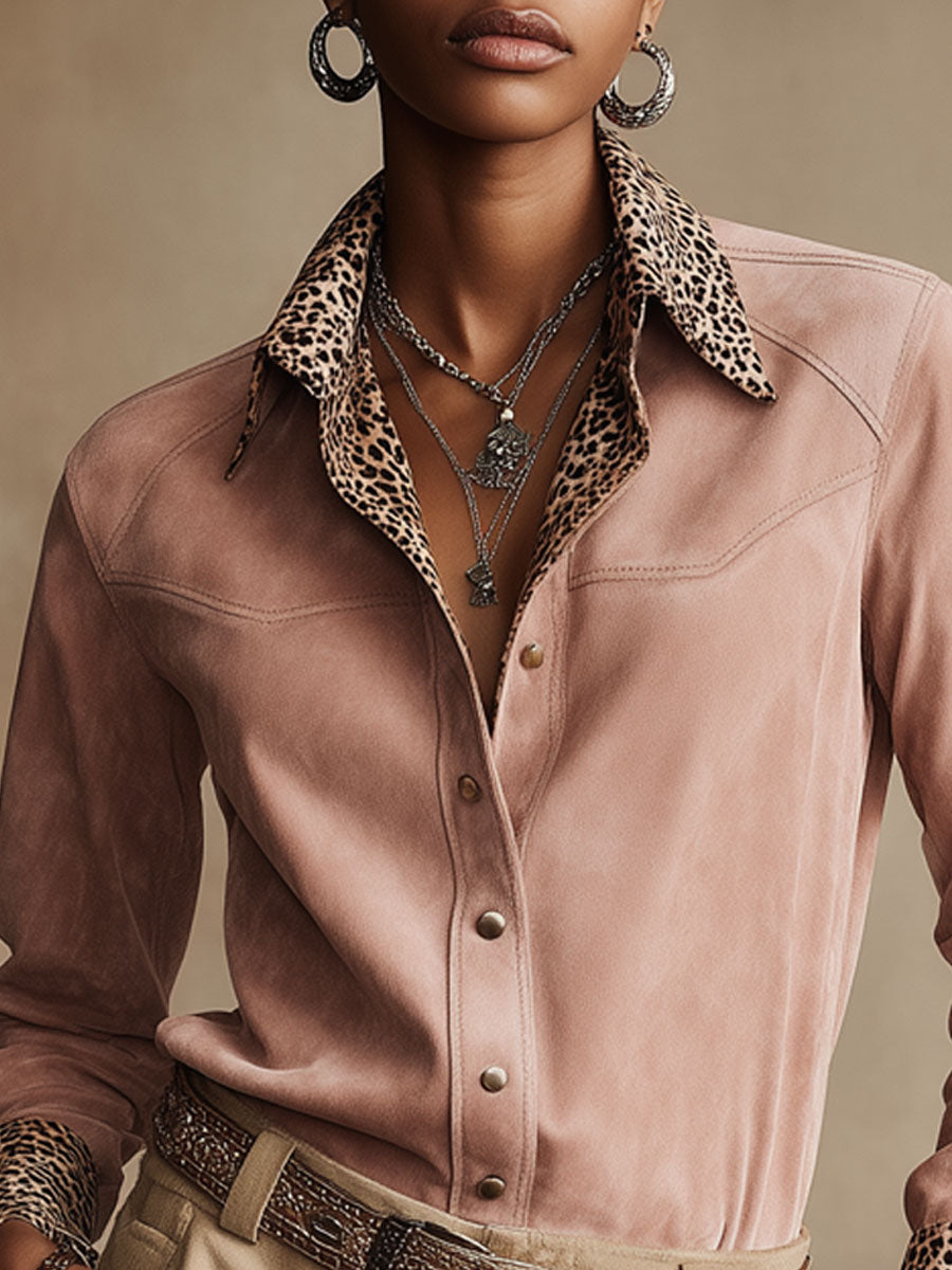 Western Retro Leopard Print Pink Faux Suede Long-Sleeve Shirt