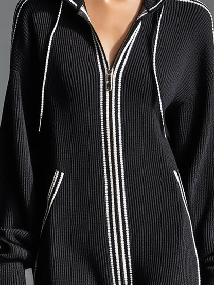 Stylish Black Knit Patchwork White Hooded Zip-up Maxi Dress