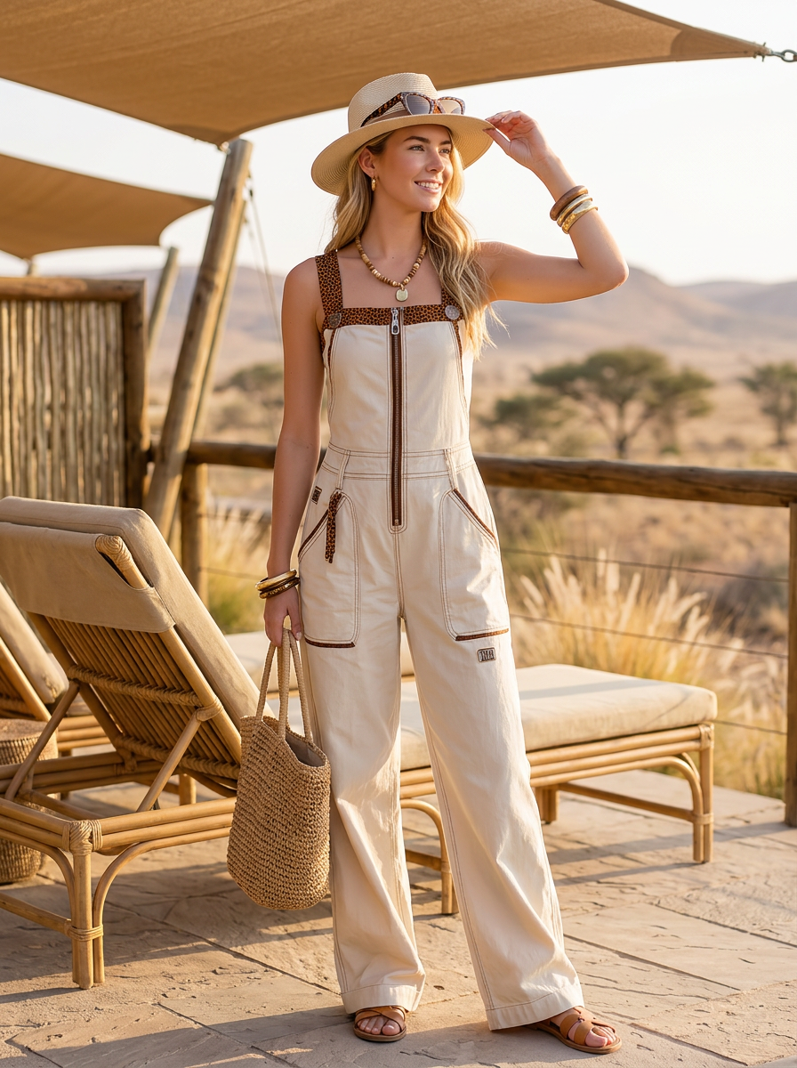 retro workwear leopard-print piped zip denim overalls