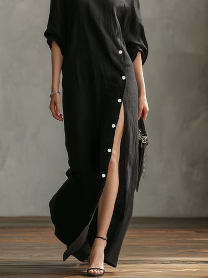 Slanted Neckline Off-the-shoulder Slit Buttons Maxi Dress