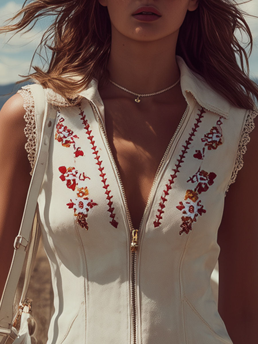Western Bohemian Misty Embroidered Off-White Faux Suede Lace Vest