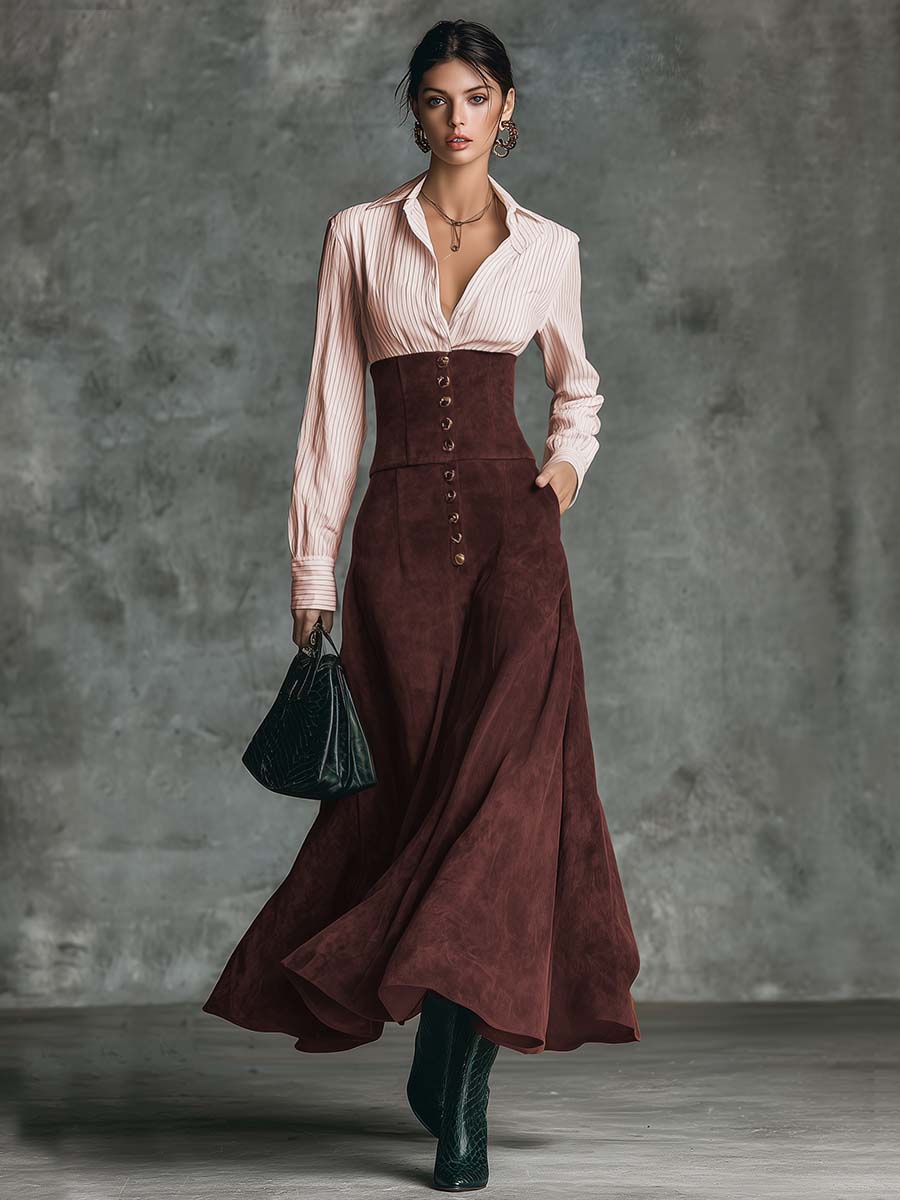 Vintage Elegant Pink Striped Cotton Shirt And Maroon Suede High-waisted Skirt Set