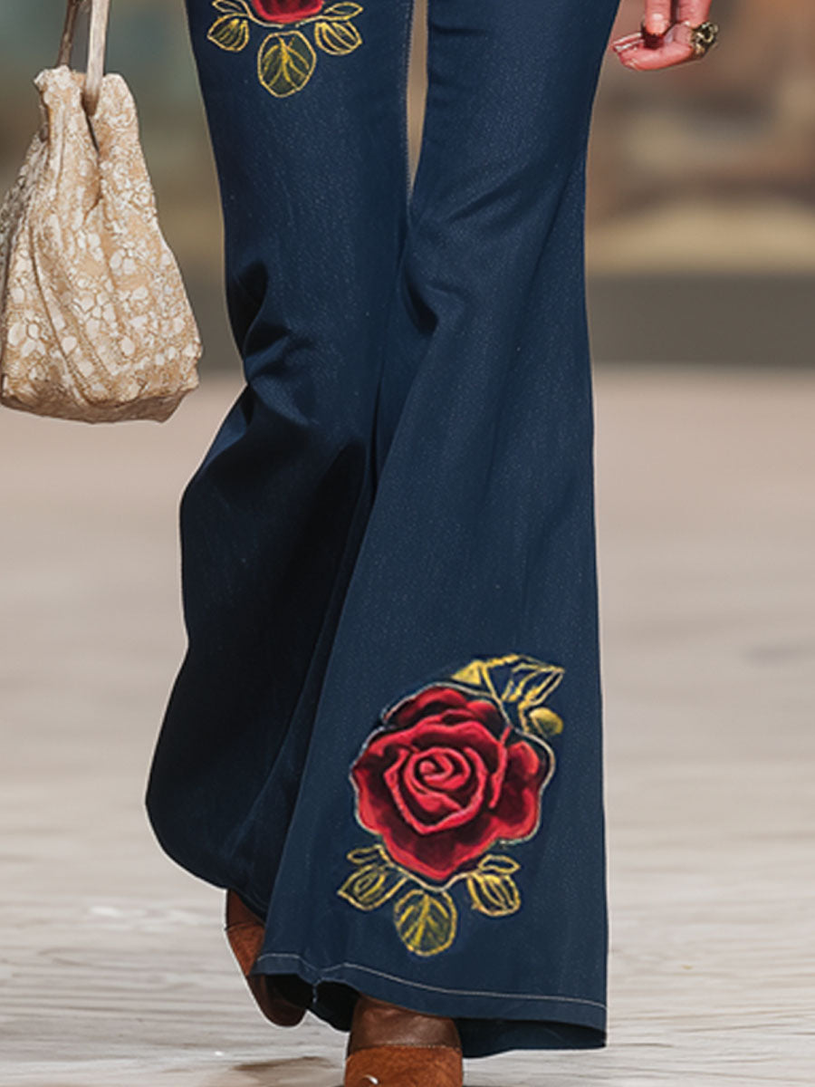Retro Rose Embroidered Flared Jeans