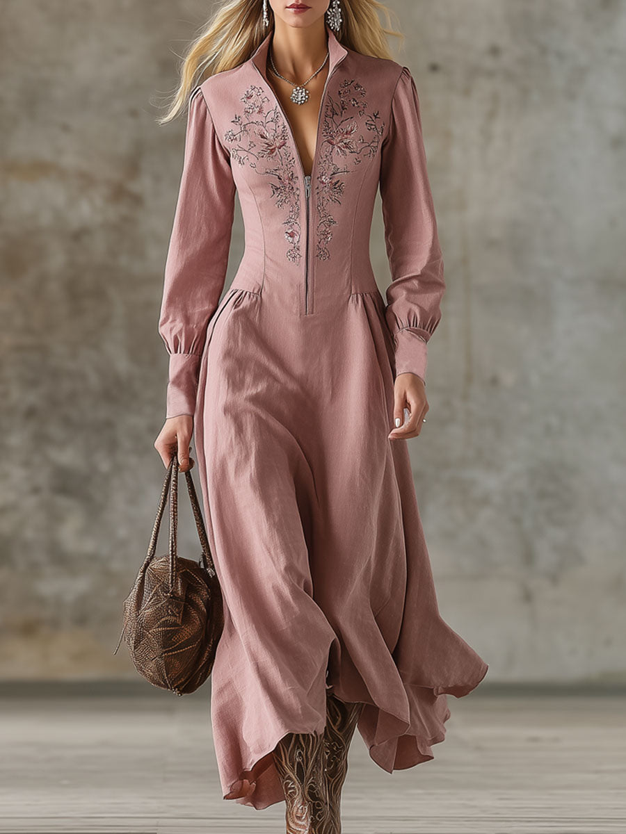 Stand-up Collar Zipper Cotton Linen Embroidered Long-sleeved Maxi Dress