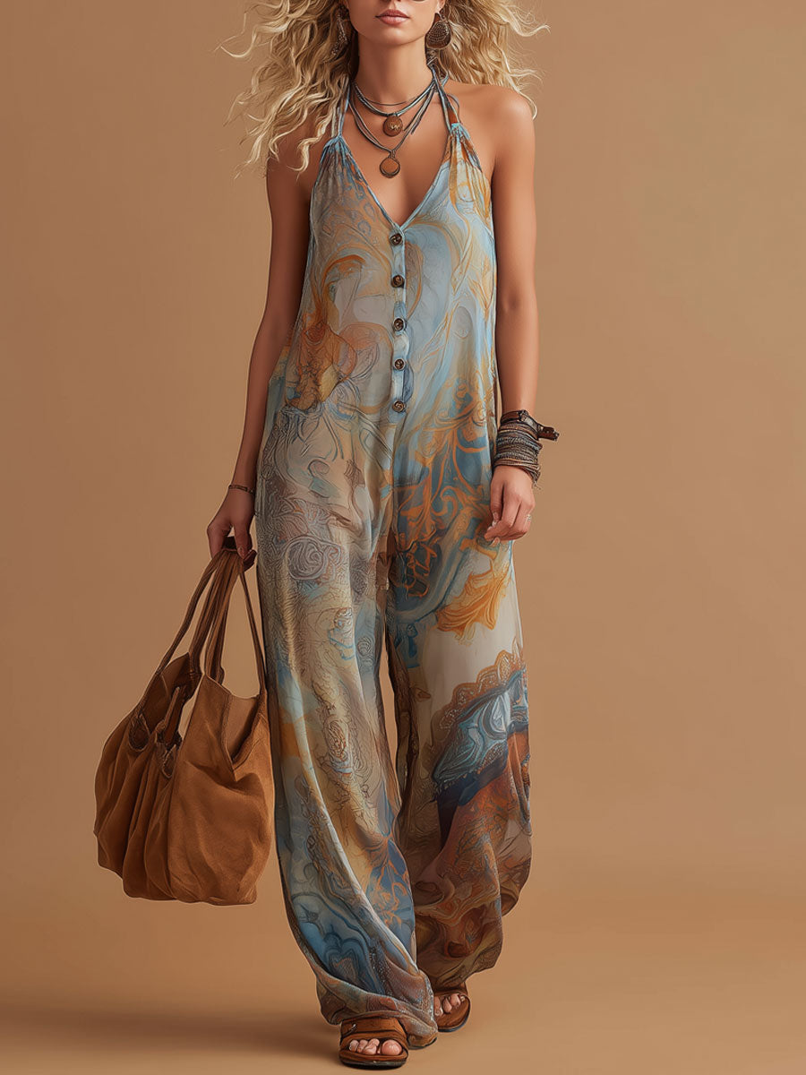 Vacation Retro Bohemian Print Chiffon Sleeveless Wide-Leg Jumpsuit