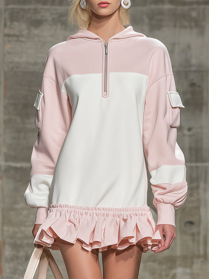 Stylish Pink And White Color-block With A Half-zip And Ruffled Hem Mini Dress
