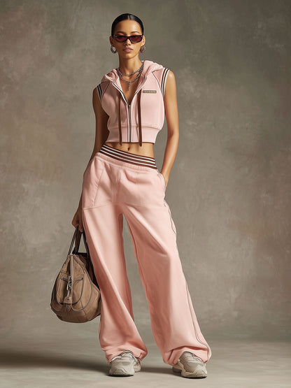 Retro Sporty Pink Cotton Hooded Vest And Wide-leg Pants Set