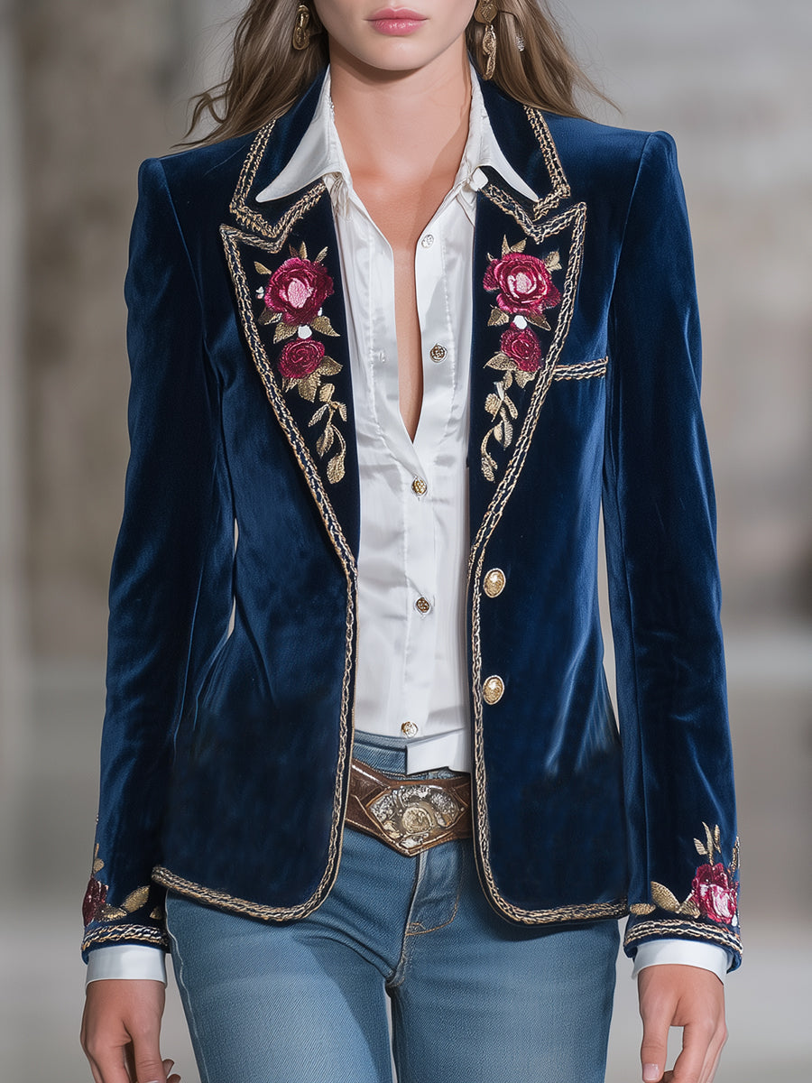 Classic Blue Velvet Rose Embroidered Button Blazer