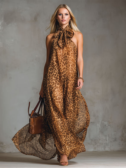 Leopard Print Bow-tie Strap Chiffon Sleeveless Maxi Dress
