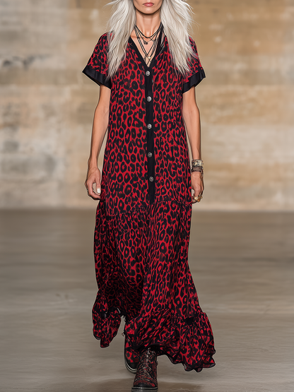 Loose-fitting Western-style Leopard Print Matte Satin Sleeveless Red Maxi Dress
