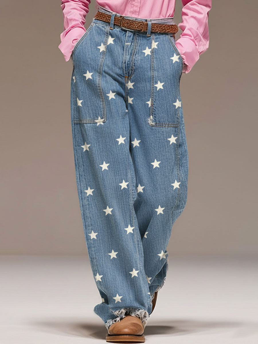 Casual Retro Five-star Print Frayed Wide-leg Light Blue Jeans