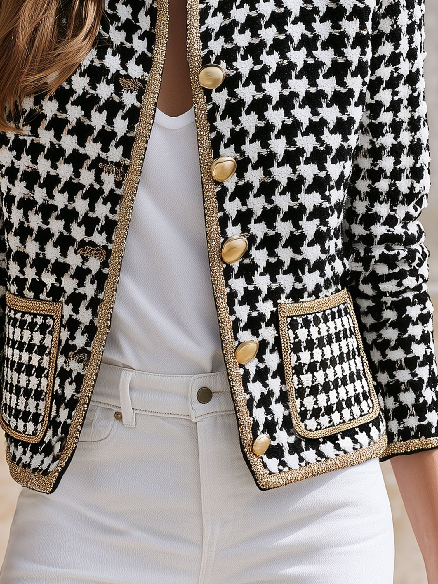 Fashionable Retro Gold-threaded Black And White Houndstooth Jacket
