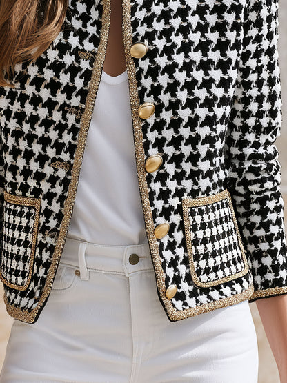 Fashionable Retro Gold-threaded Black And White Houndstooth Jacket