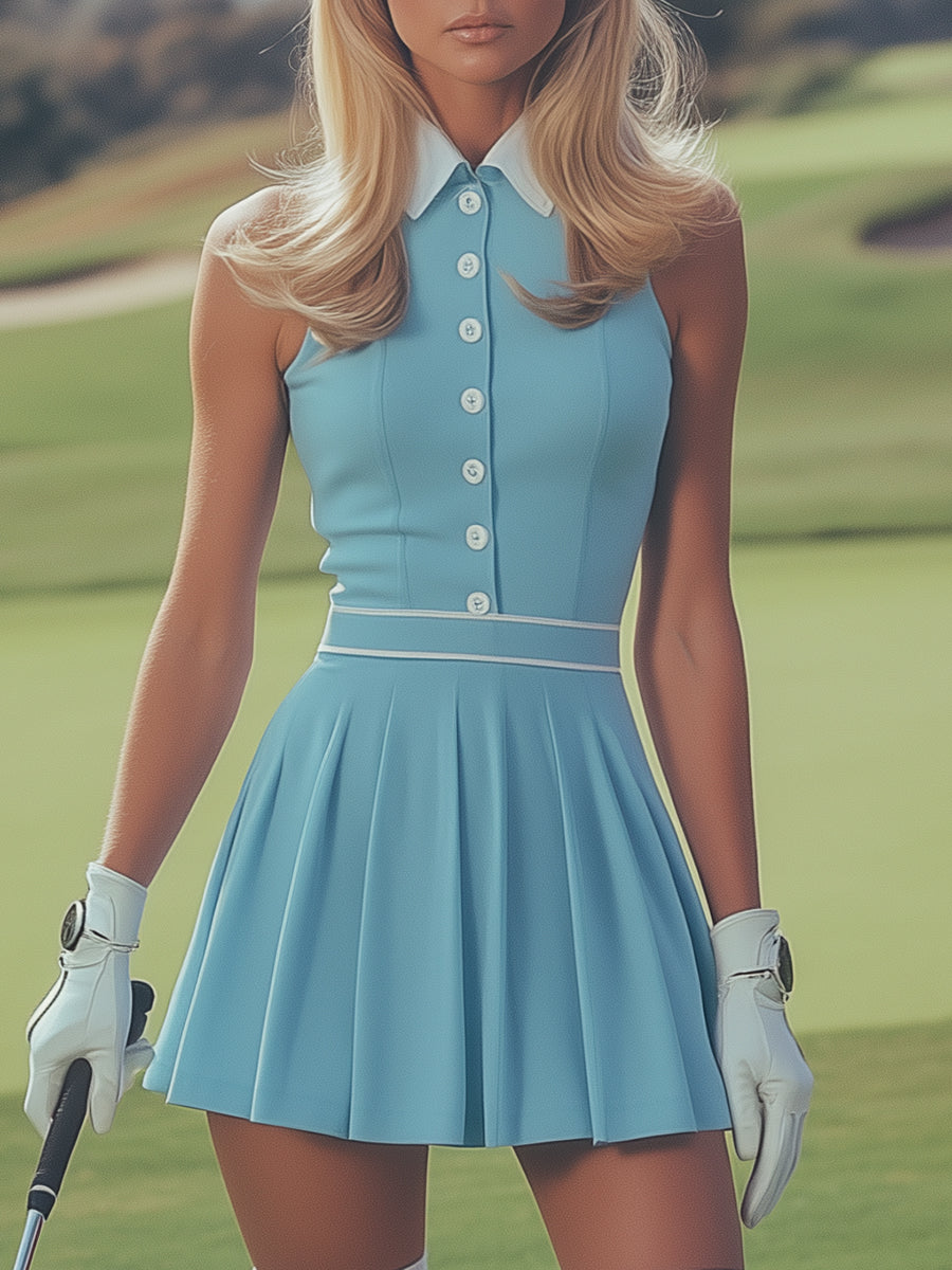 Elegant Sports White Button Detail Baby Blue Sleeveless Mini Dress