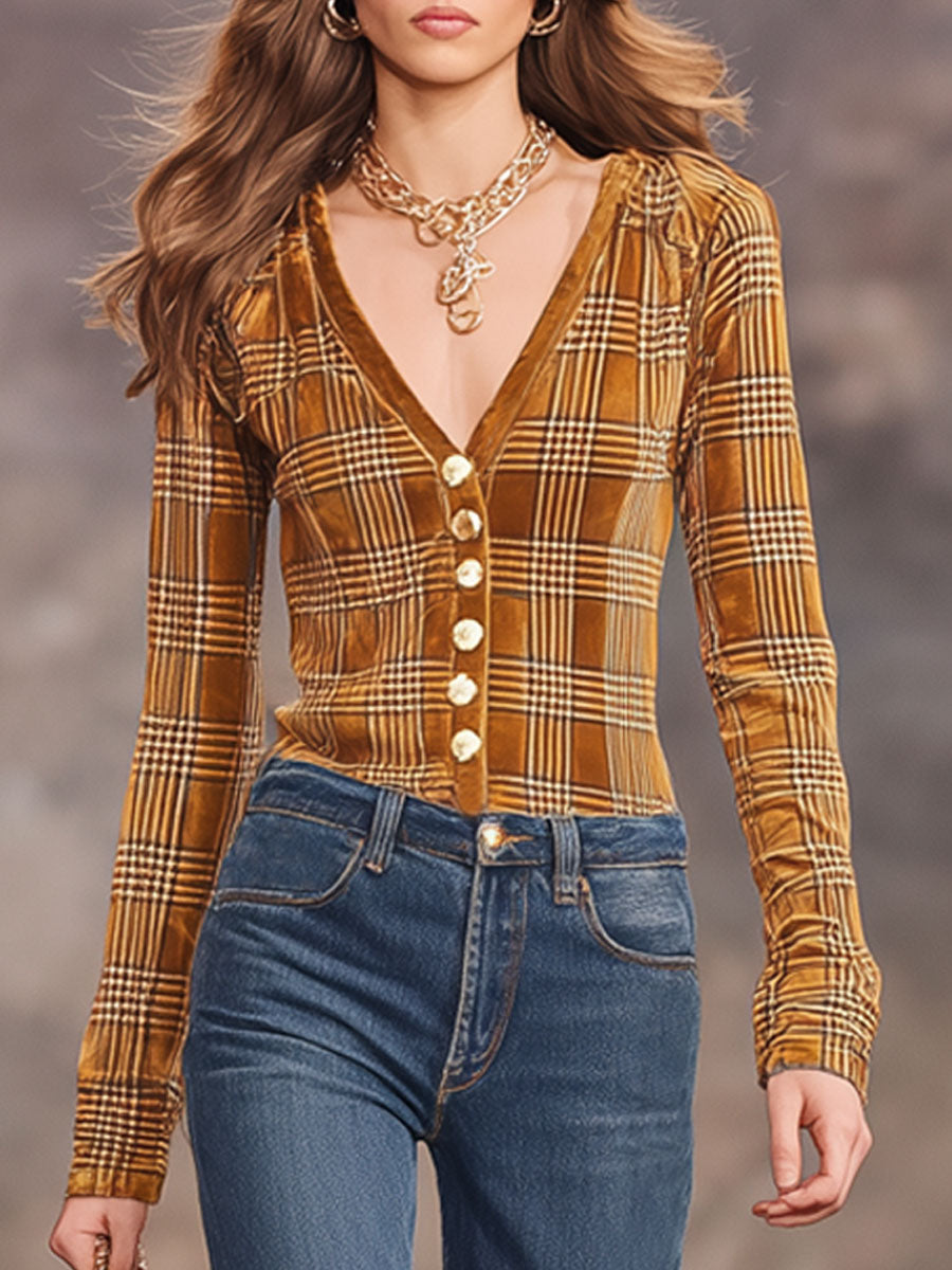 Retro Plaid Print Velvet V-neck Button-down Long-sleeved Shirt