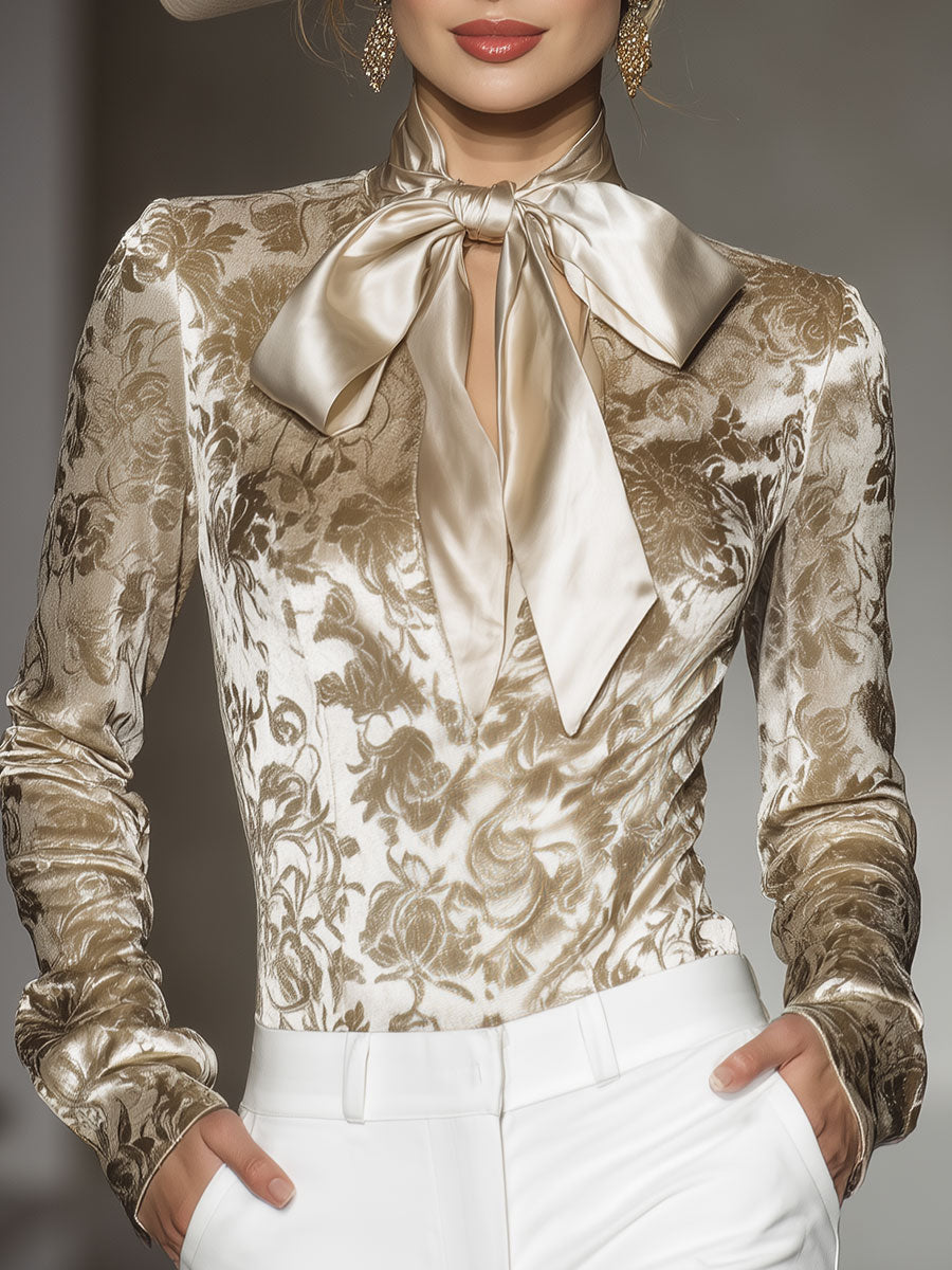 Stylish And Elegant Champagne-colored Velvet Printed Shirt