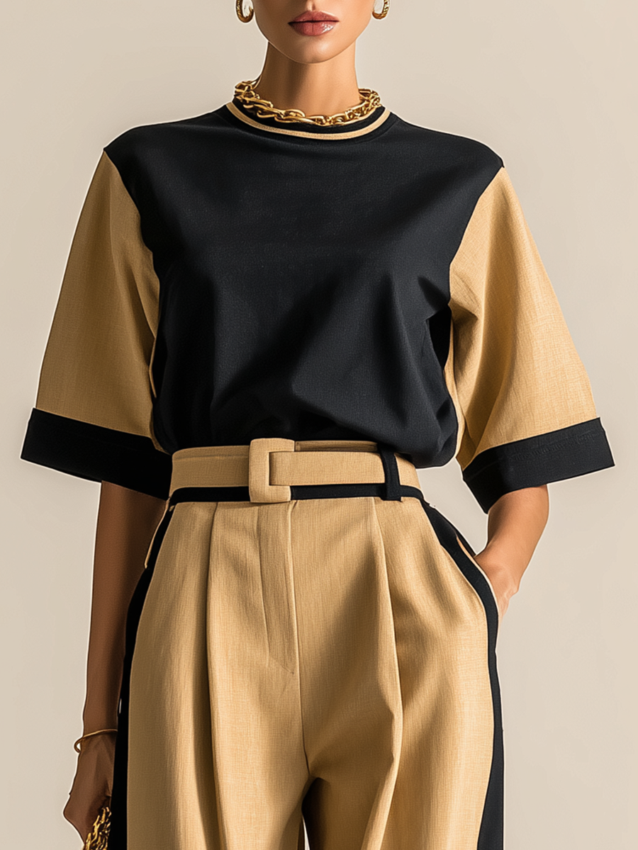 Elegant Retro-style Color-blocked Short-sleeved T-shirt And Wide-leg Pants Set