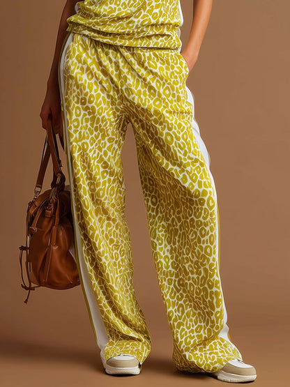 Sporty Retro Yellow Leopard Print Velvet Half-Zip Sleeveless Top And Wide-Leg Pants Set
