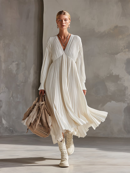 Elegant Urban Silhouette White Pleated Maxi Dress