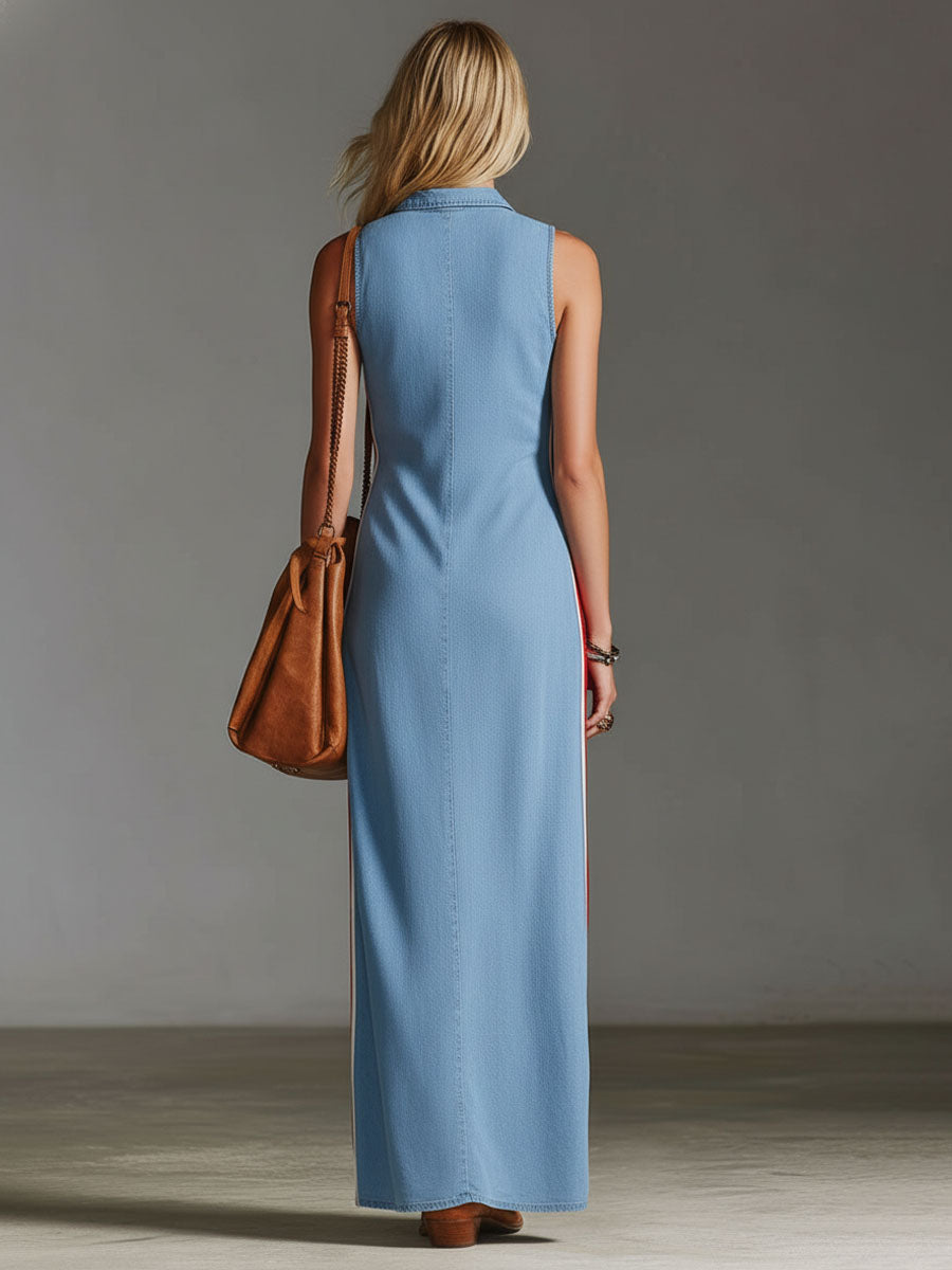 Lapel Collar Contrasting Trim Side Slit Sleeveless Denim Maxi Dress
