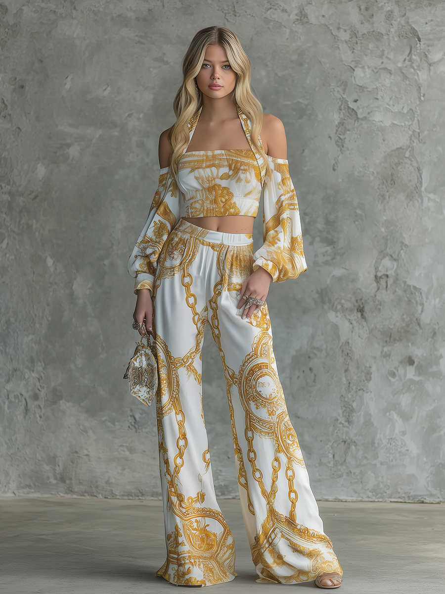 Retro And Elegant Chain Print Halter Neck Chiffon Top And Wide-leg Pants Set