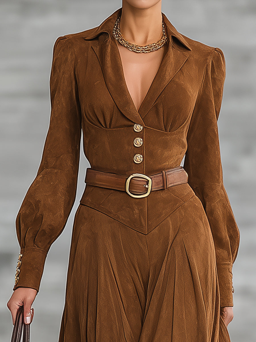 Western Brown Faux Suede Collar Button Maxi Dress
