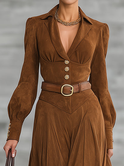 Western Brown Faux Suede Collar Button Maxi Dress