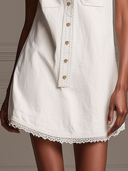 Casual Retro Lace-trimmed White Denim Sleeveless Mini Dress