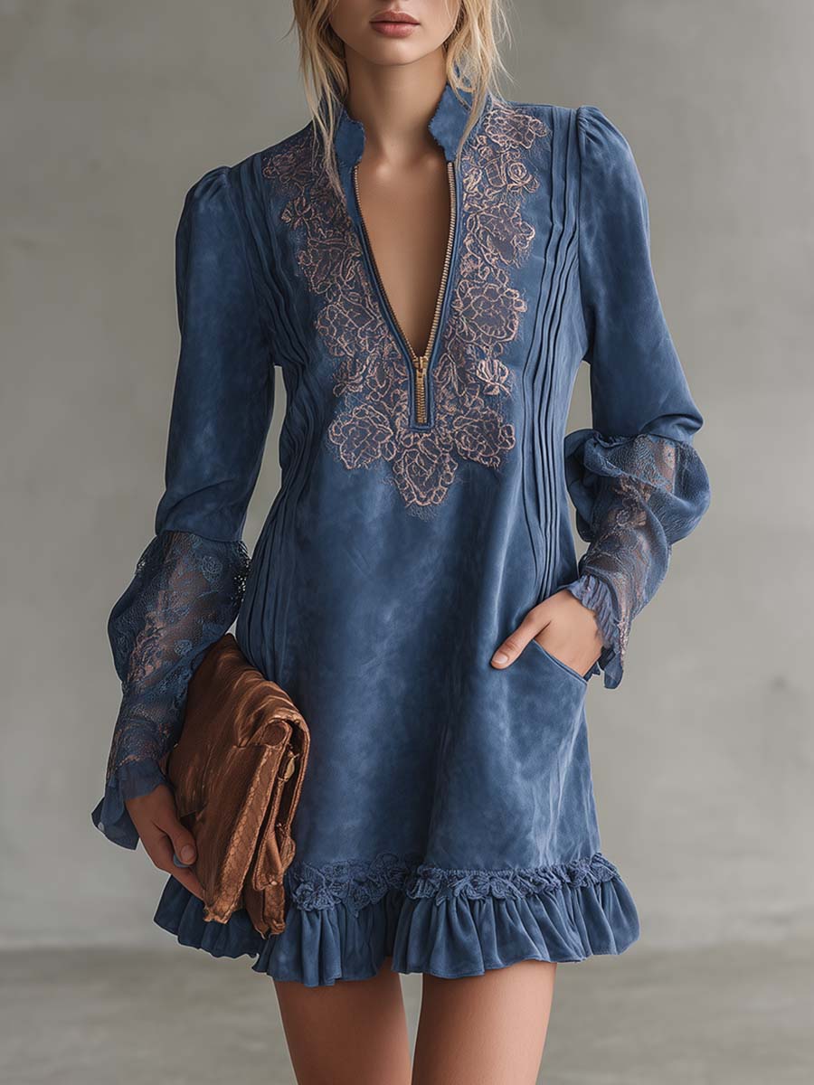 Vintage Exquisite Western Embroidered V-neck Front Zip Ruffled Hem Blue Suede Mini Dress