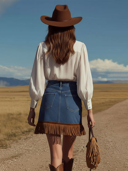 Western Retro Ribbon White Chiffon Long-Sleeve Shirt