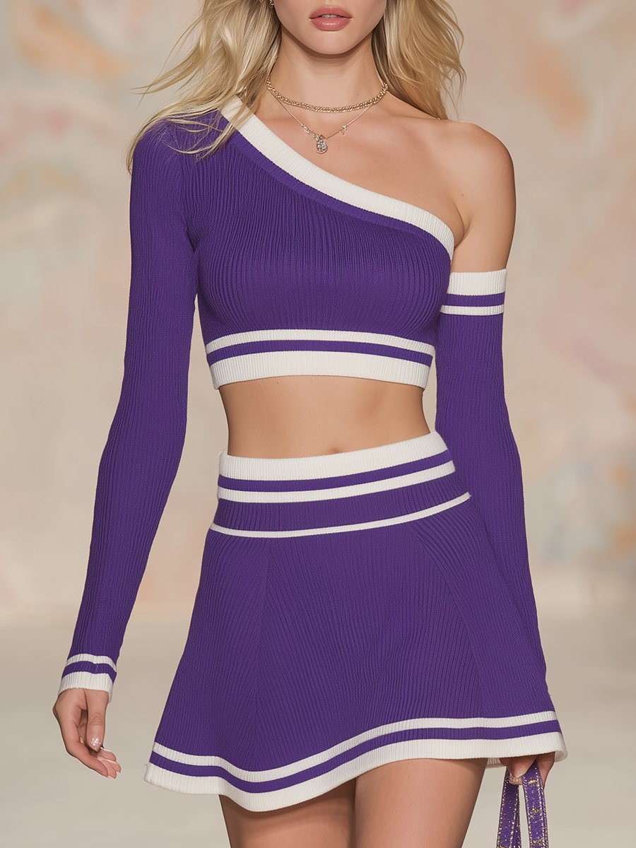 Athletic Casual Off-the-shoulder Long-sleeved Top And Mini Skirt Set