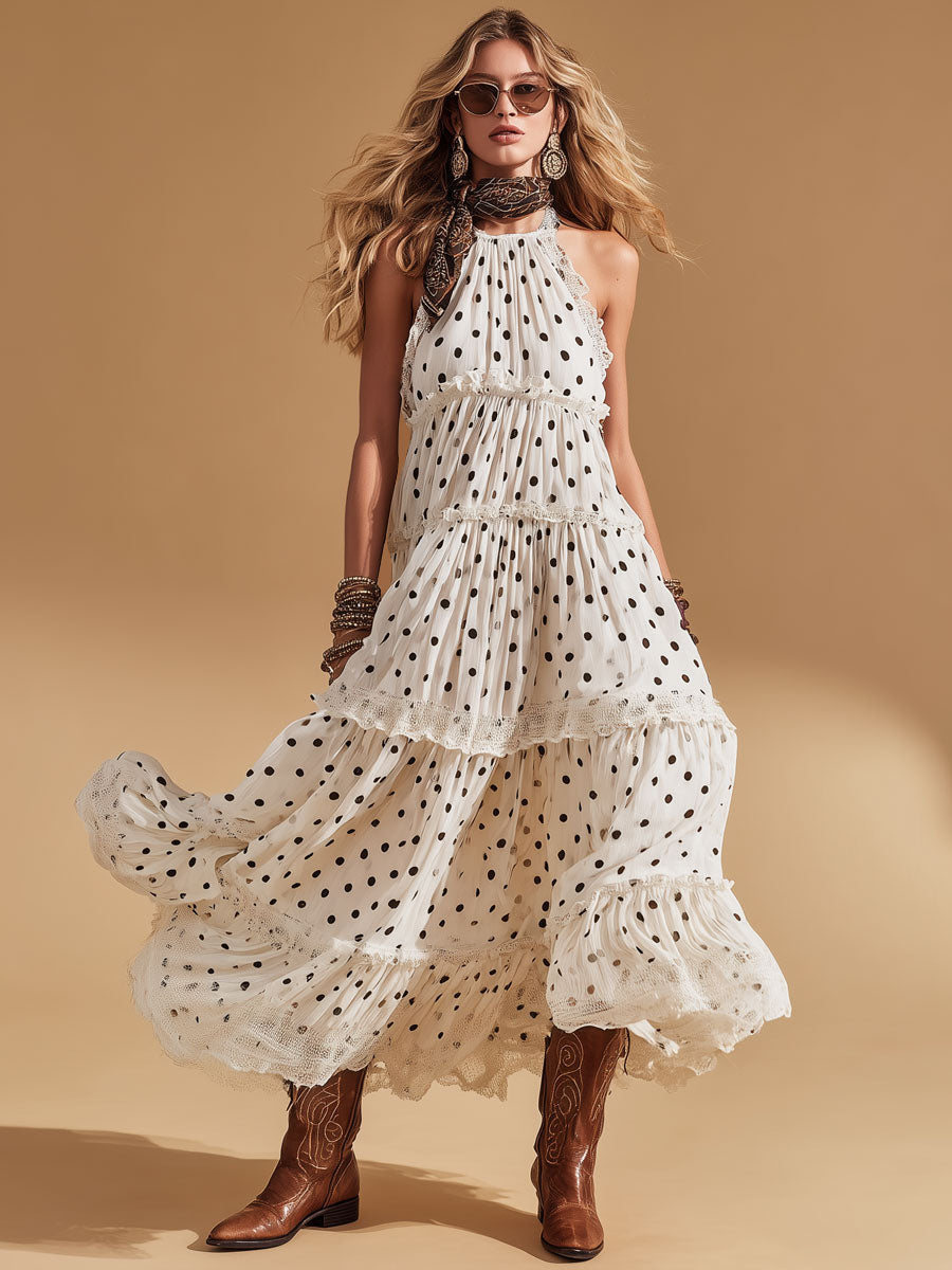 Fashionable Vacation Lace Polka Dot White Chiffon Sleeveless Maxi Dress