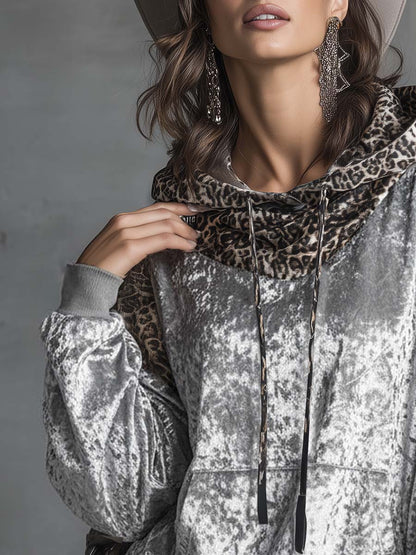 Vintage Casual Leopard Print Hooded Silver Velvet Sweatshirt