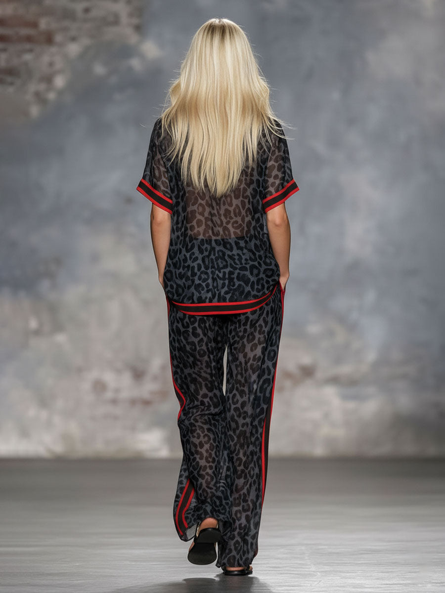 Leopard Print Chiffon Short-sleeved Top And Trousers Set