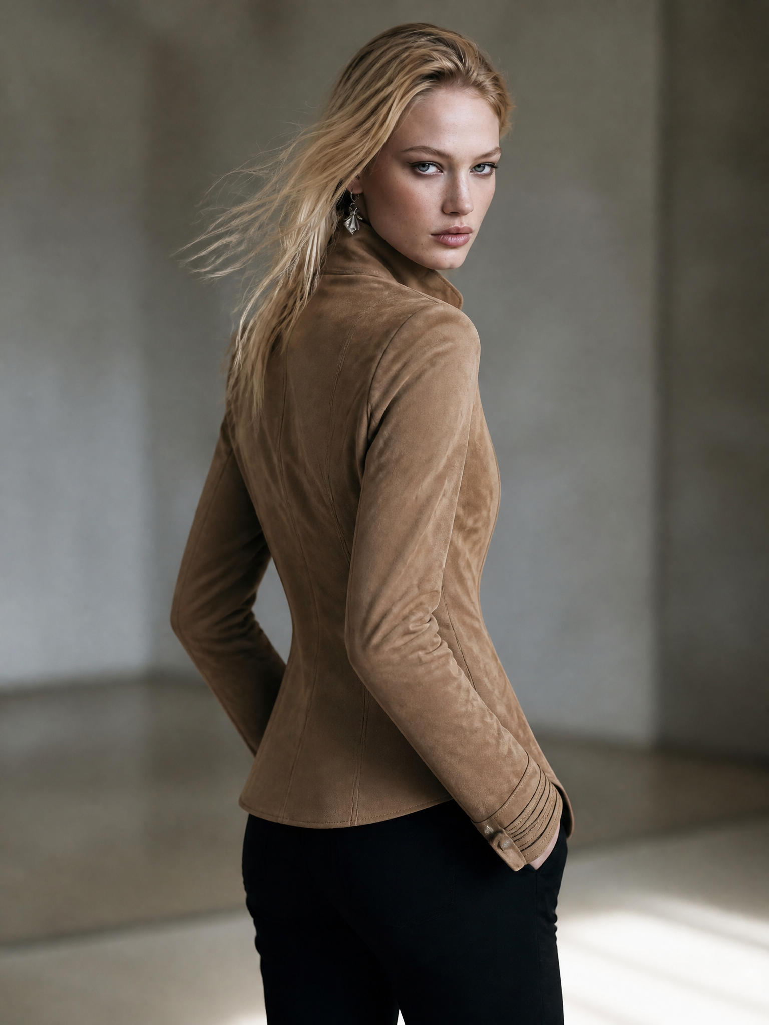 Camel Faux-Suede Stand-Collar Silver-Button Fitted Tailored Military Jacket Women
