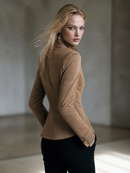 Camel Faux-Suede Stand-Collar Silver-Button Fitted Tailored Military Jacket Women