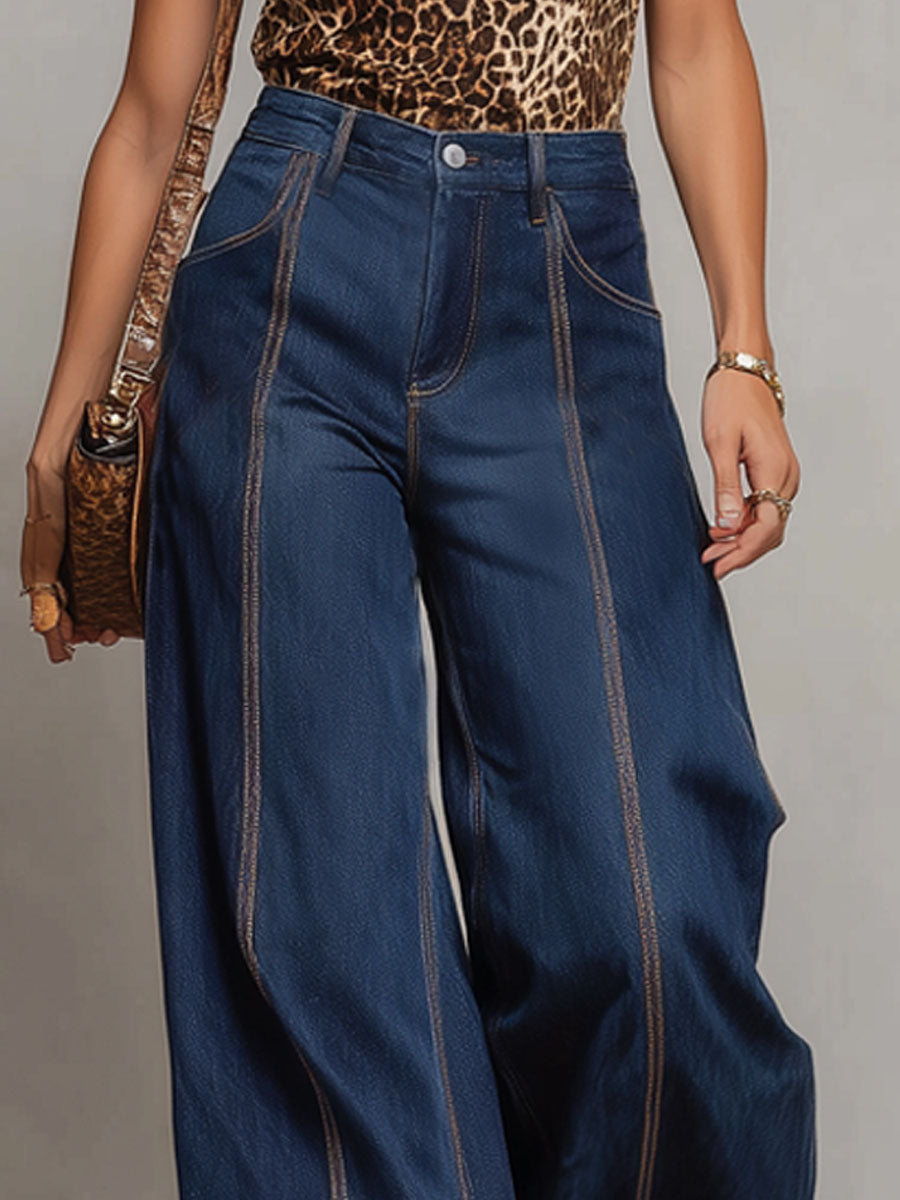Contrast-stitched Loose Wide-leg Denim Jeans