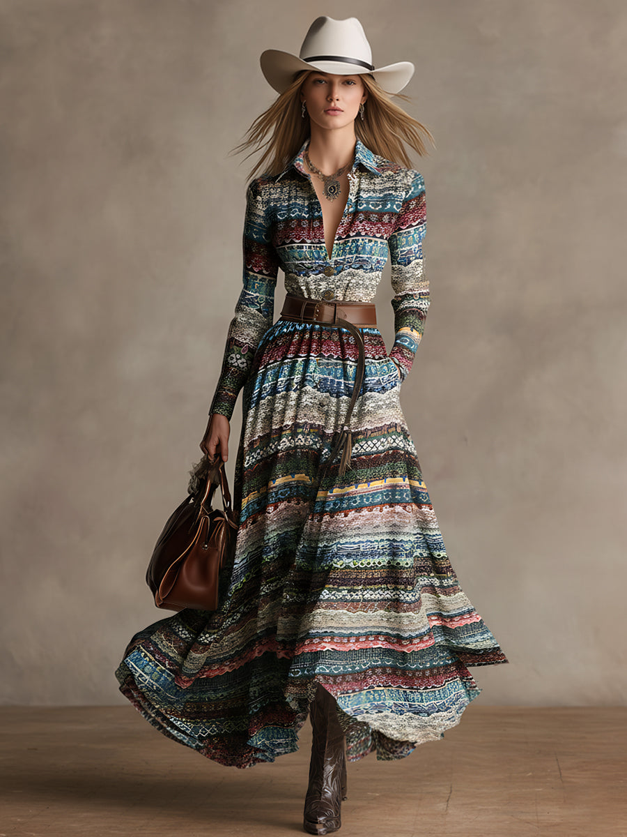 Retro Ethnic Style Multicolored Front Button Maxi Dress