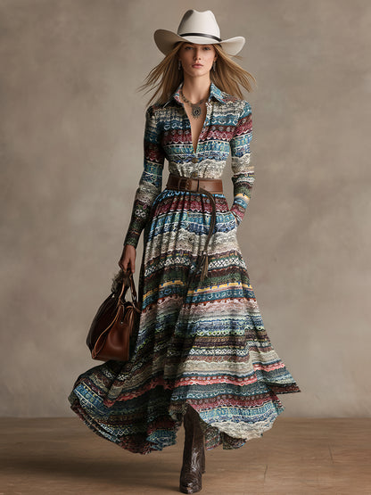 Retro Ethnic Style Multicolored Front Button Maxi Dress