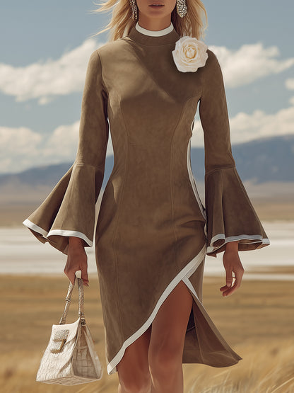 Casual Retro 3D Floral White Trim Khaki Faux Suede Midi Dress