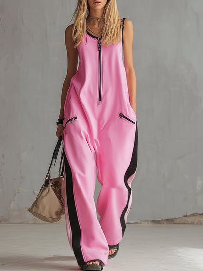 Casual Urban Style Sporty Pink Cotton Loose-fitting Sleeveless Jumpsuit