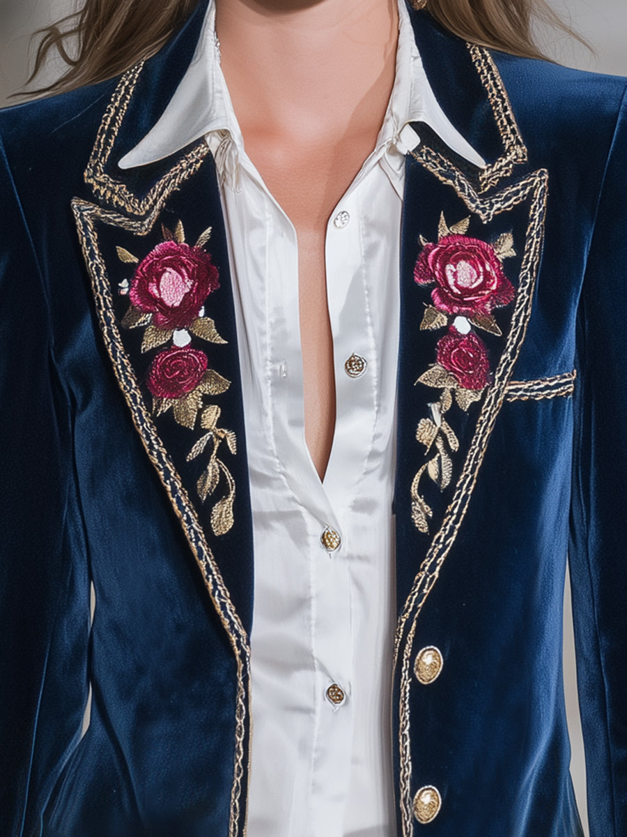 Classic Blue Velvet Rose Embroidered Button Blazer