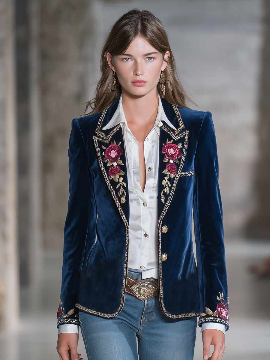 Classic Blue Velvet Rose Embroidered Button Blazer