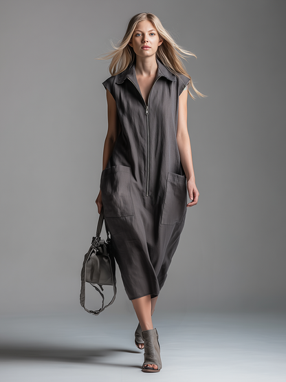 Casual Relaxed Loose-fitting Collared Zipper Sleeveless Midi Dress