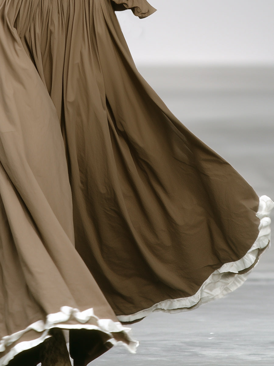 Brown Zippered White Ribbon Ruffled Maxi Dress