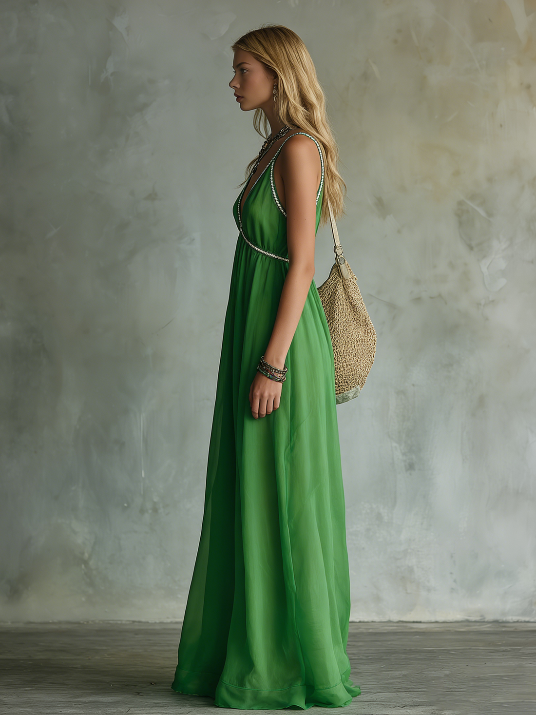 Elegant And Relaxed V-neck Sleeveless A-line Solid Color Chiffon Long Dress