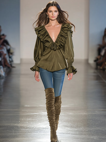 Casual And Stylish Ruffle Trim Olive Green V-neck Satin Shirt