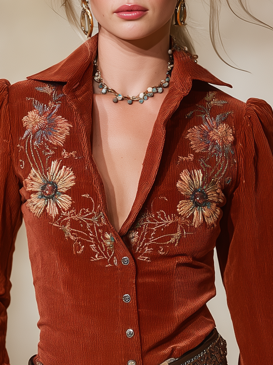 Premium Western-style Corduroy Embroidered Shirt