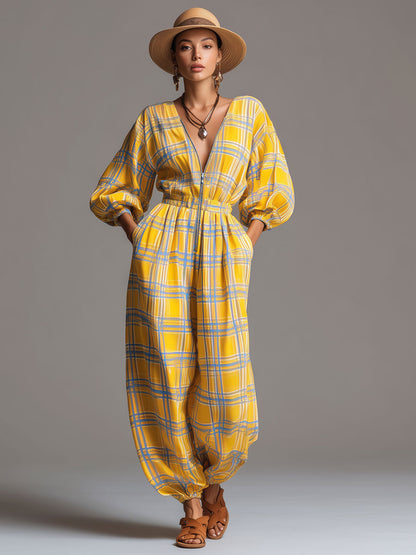 Fashionable Retro Long-sleeved Yellow And Blue Plaid Chiffon Zipper Balloon Jumpsuit